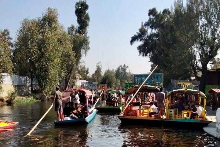 Trajineras passing one another along the Xochimilco canal