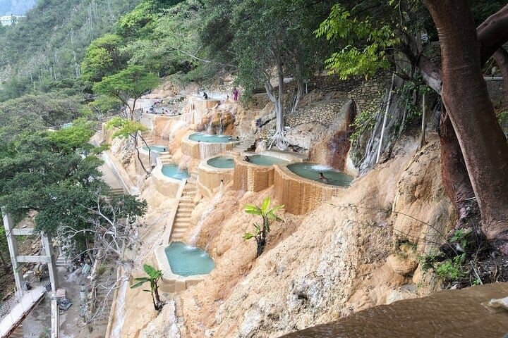 The stepped hot pools carved into the canyon wall, seen from above