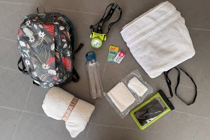 Supplies Included: Backpacks, Sport Towel, Bath Towel, Phone Water Protector Case, Water Bottle, Soap, Shampoo, Tissue, Wet Wipes, Headlamp, Sunscreen (not in image)